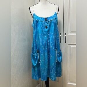 Diane Von Furstenberg Size 14 Blue Silk Leaf Print Sundress Mini Dress Pockets
